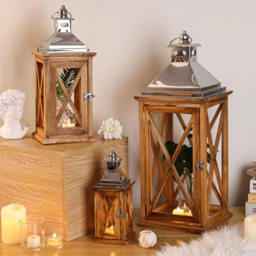 Candle Lantern Set of 3 Waterproof Outdoor Lanterns for Porch and Patio Decor Natural Wood Frame and Galvanized Metal Top Vinta
Candle Lantern Set of 3 Waterproof Outdoor Lanterns for Porch and Patio Decor Natural Wood Frame and Galvanized Metal Top Vinta