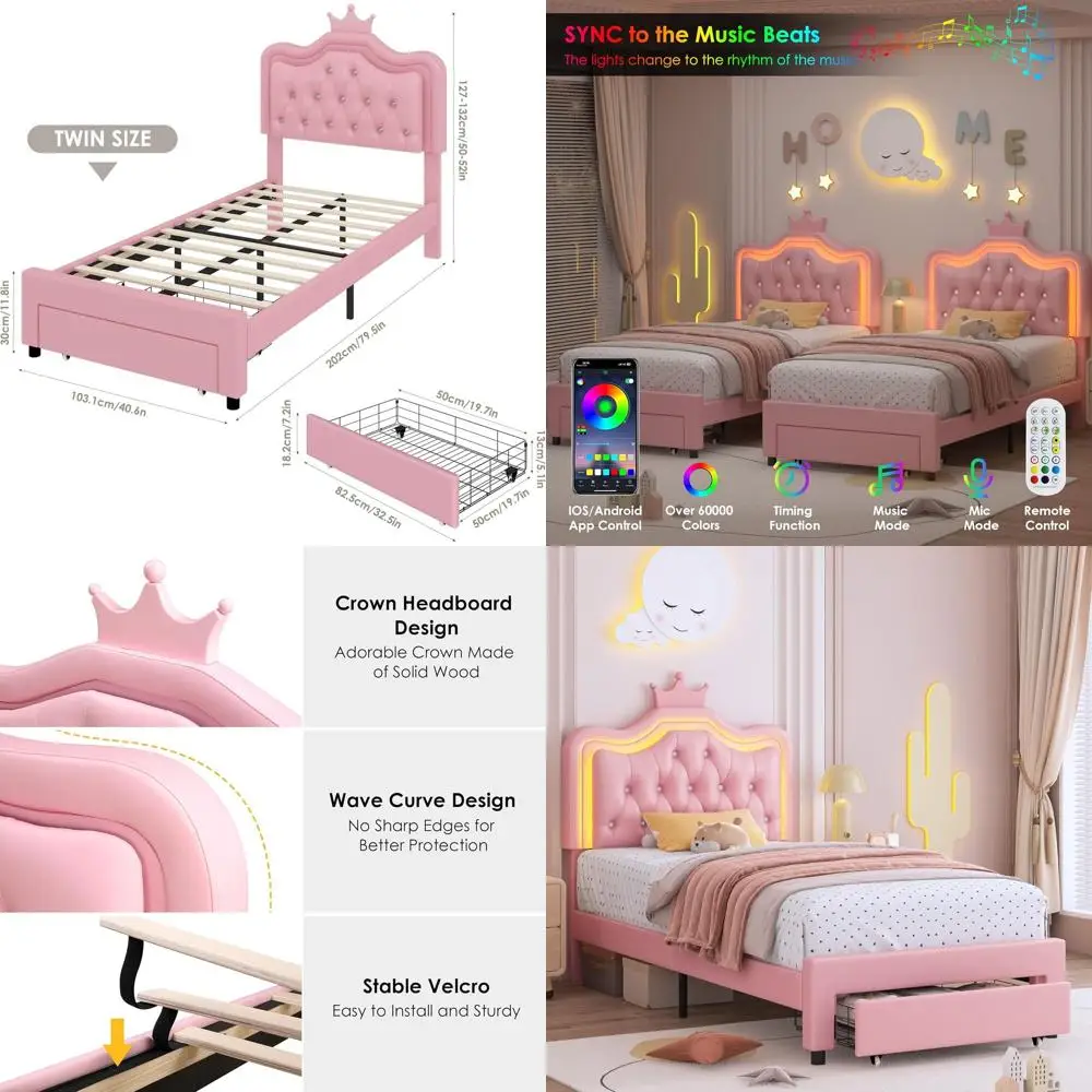 Pink Twin Size Upholstered LED Bed with Storage, Leather Platform, Adjustable Crystal Buttons, Solid Slat Support, No Box Spring
Pink Twin Size Upholstered LED Bed with Storage, Leather Platform, Adjustable Crystal Buttons, Solid Slat Support, No Box Spring