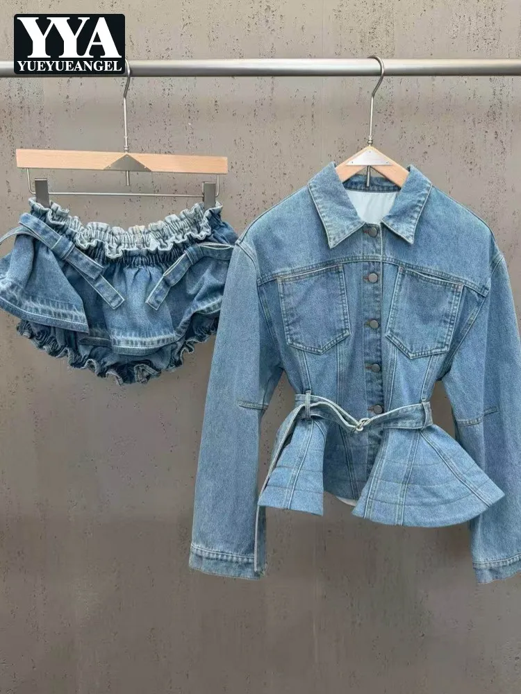 Spring Summer Women Denim Style Long Sleeve Coat Outfits Slim Blue Jacket Mini Skirt Shorts 2PCS Ladies Sweet Ruffle Shorts Sets
Spring Summer Women Denim Style Long Sleeve Coat Outfits Slim Blue Jacket Mini Skirt Shorts 2PCS Ladies Sweet Ruffle Shorts Sets