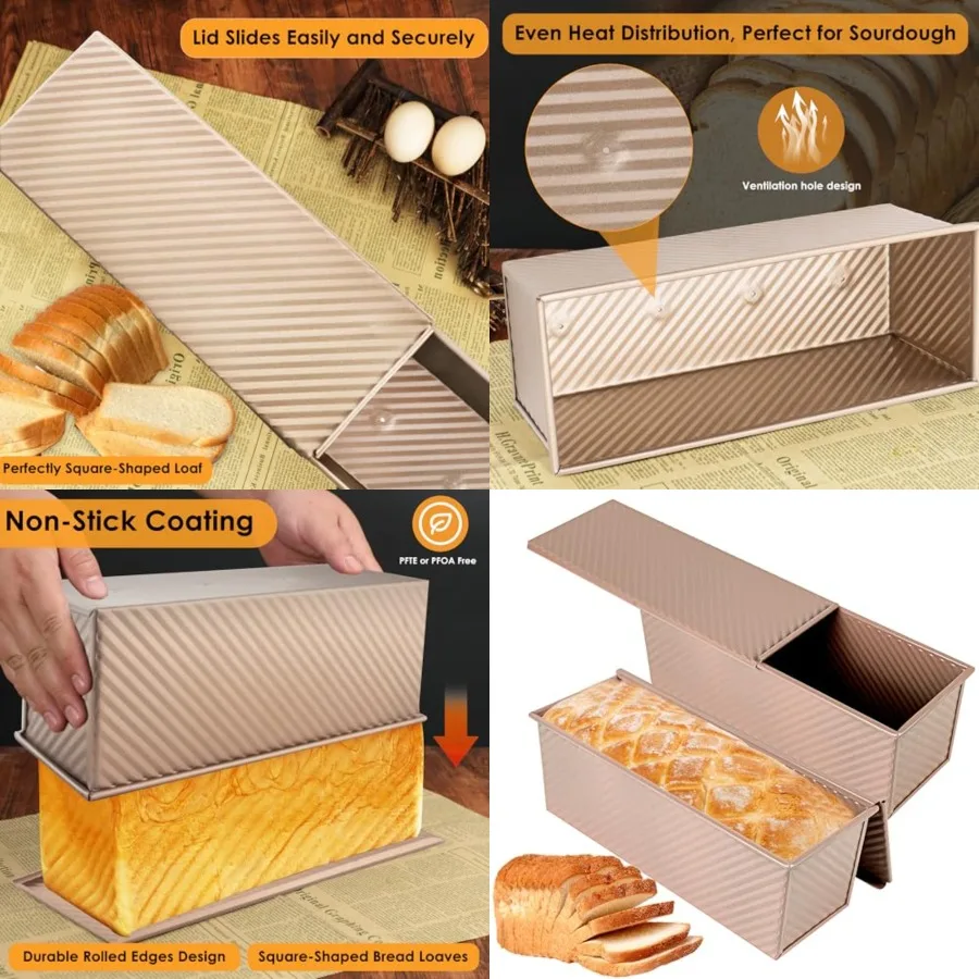 2-pack 2.2lb Pullman Loaf Pan with Lid, Premium Non-Stick Coating Bread Pan, PFTE and PFOA-Free, Safe and Healthy Baking for Ho
2-pack 2.2lb Pullman Loaf Pan with Lid, Premium Non-Stick Coating Bread Pan, PFTE and PFOA-Free, Safe and Healthy Baking for Ho