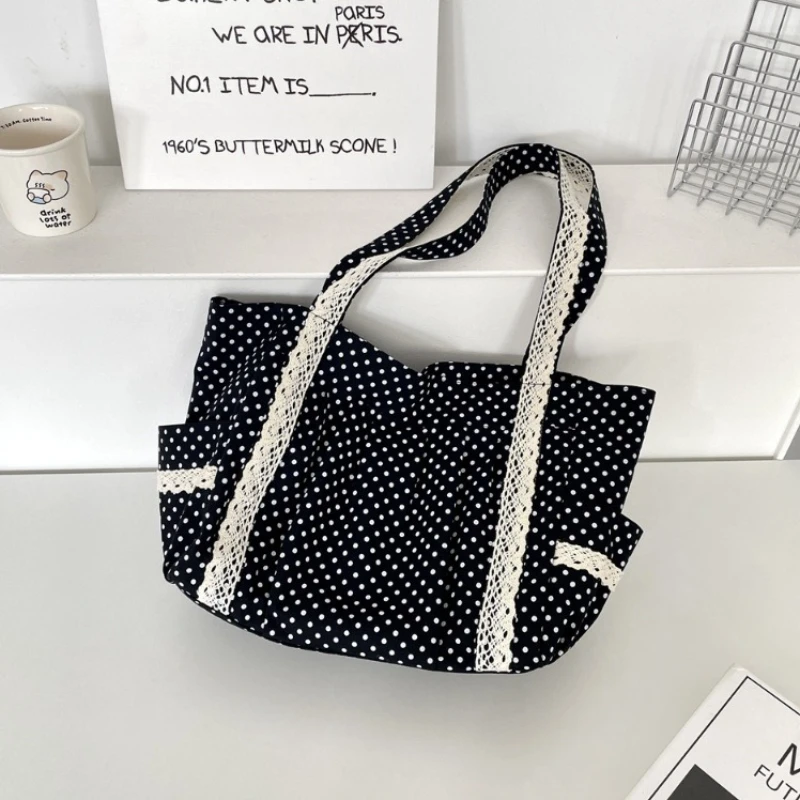 Women Cute Lace Tote Bag Korean Vintage Dot Canvas Shoulder Bucket Bag Large Capacity Multi Pocket Commuter Handbag
Women Cute Lace Tote Bag Korean Vintage Dot Canvas Shoulder Bucket Bag Large Capacity Multi Pocket Commuter Handbag