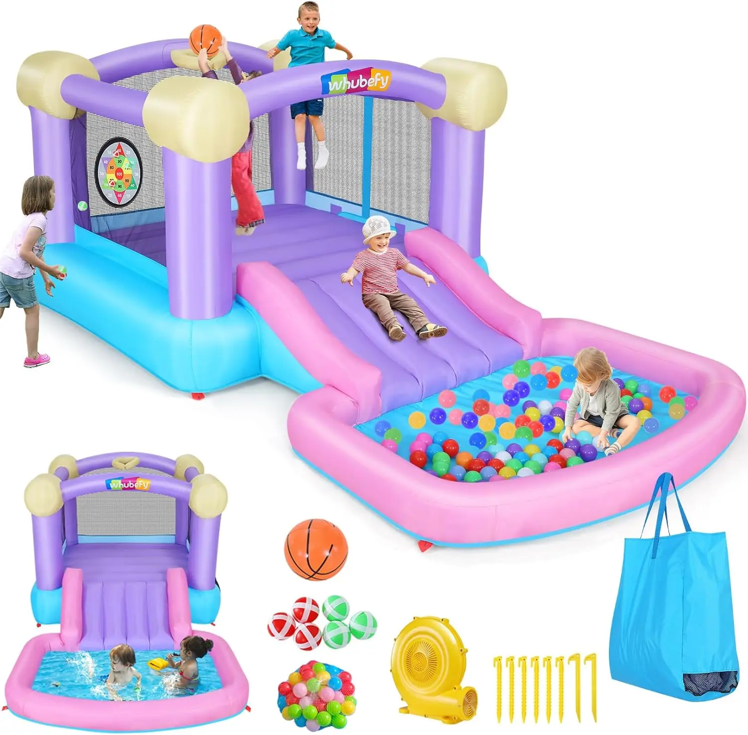 Kids Inflatable Bounce House for Ages 2-8, Pink, Includes Ball Pit & Water Park: 161x82x63 Inches All-in-One Jump and Slide with 50 Ocean Balls, 6 Dart Target Balls, Basketball, Stakes, Repair Kits, Storage Bag
Kids Inflatable Bounce House for Ages 2-8, Pink, Includes Ball Pit & Water Park: 161x82x63 Inches All-in-One Jump and Slide with 50 Ocean Balls, 6 Dart Target Balls, Basketball, Stakes, Repair Kits, Storage Bag