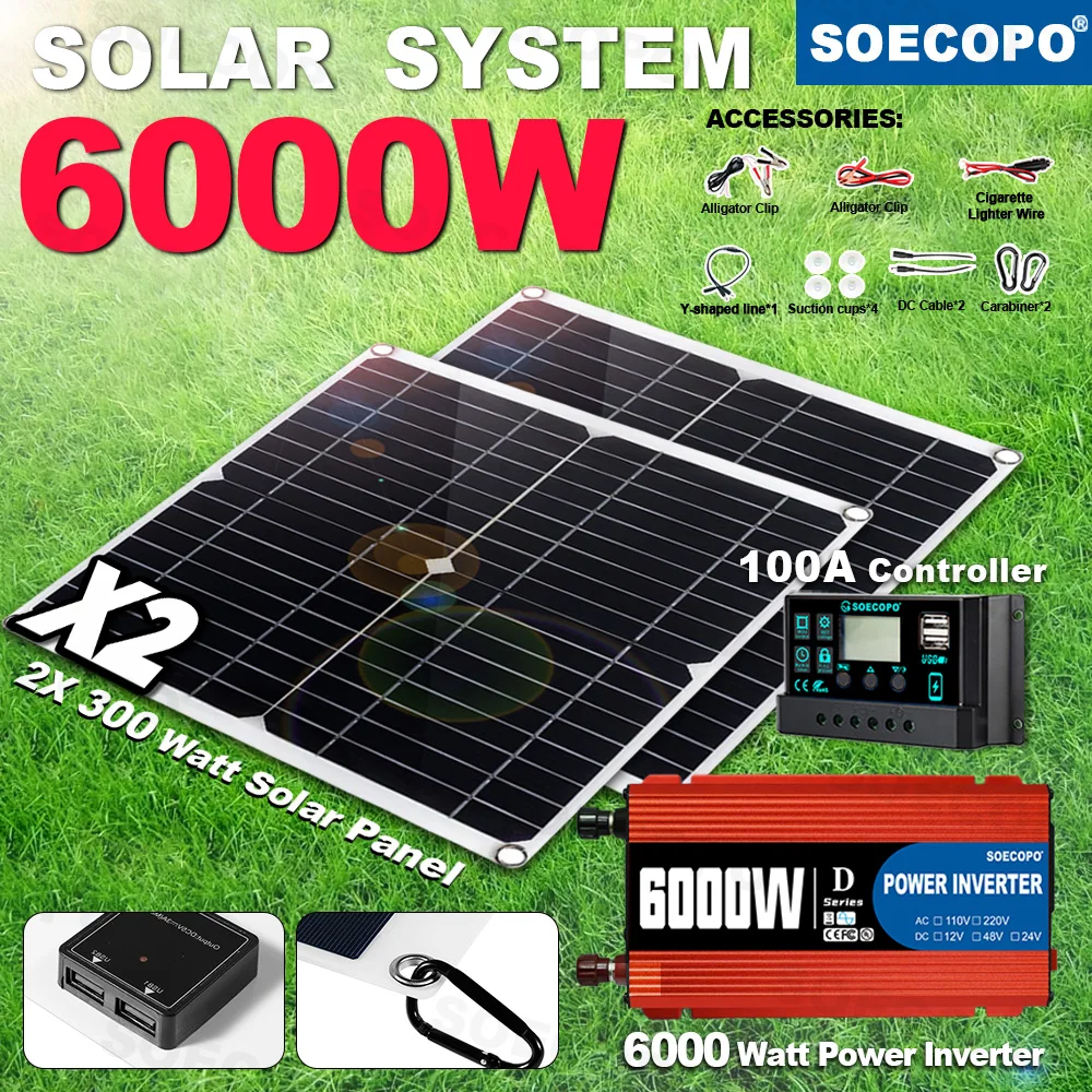 SOECOPO 6000W Camping Solar System Set 2×300W PanelsDC 12V To AC 110V/220V Inverter Home Car 100A Controller Full Portable Kit
SOECOPO 6000W Camping Solar System Set 2×300W PanelsDC 12V To AC 110V/220V Inverter Home Car 100A Controller Full Portable Kit