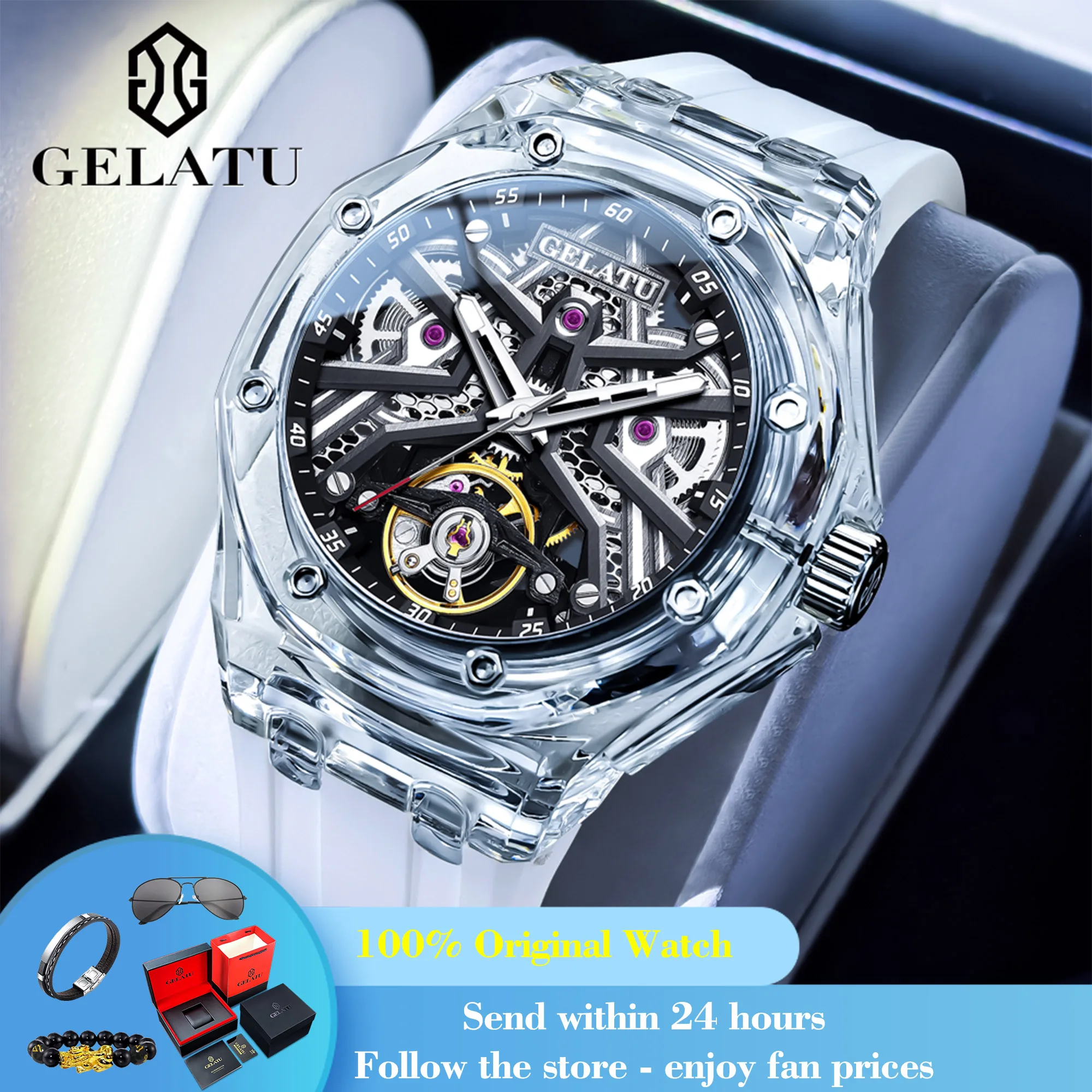 GELATU 8002 Man's Watch Transparent Case Hollow Mechanical Watch For Men Waterproof Automatic Wristwatch Male Silicone Strap
GELATU 8002 Man's Watch Transparent Case Hollow Mechanical Watch For Men Waterproof Automatic Wristwatch Male Silicone Strap