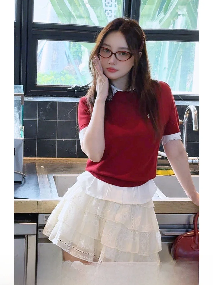 LulusMiracle Miu Style College Girl Short Sleeve Cake Skirt Anti-Aging Set Women's Fashion Summer Outfit Three-Piece Suit
LulusMiracle Miu Style College Girl Short Sleeve Cake Skirt Anti-Aging Set Women's Fashion Summer Outfit Three-Piece Suit