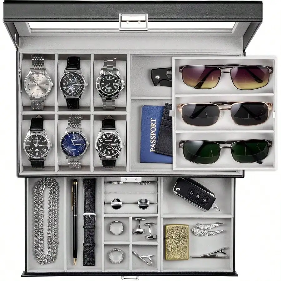 Mens Jewelry Box, Lockable 6 Slot Watch Case 3 Slot Organizer, 2 - Layer Mens Jewelry Organizer Watch Box Men, Watches Holder Display Storage Birthday Gifts - Brown
Mens Jewelry Box, Lockable 6 Slot Watch Case 3 Slot Organizer, 2 - Layer Mens Jewelry Organizer Watch Box Men, Watches Holder Display Storage Birthday Gifts - Brown