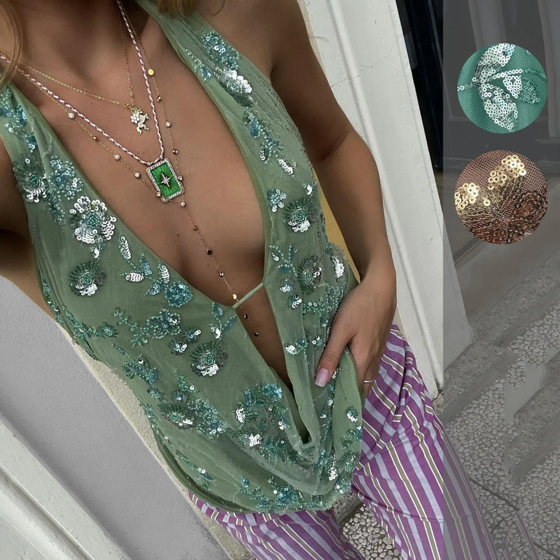 New summer European and American sexy fashion halter backless sequined V-neck camisole top
New summer European and American sexy fashion halter backless sequined V-neck camisole top