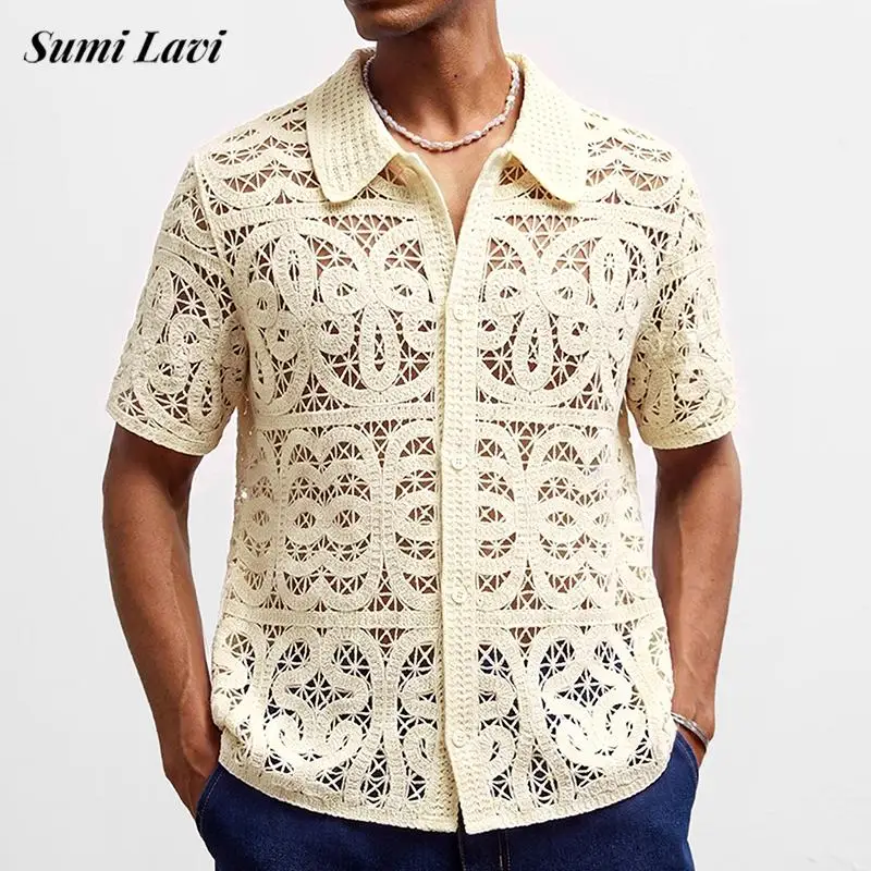 New Casual Hollow Out Mens Knit Tops Spring Summer Vintage Button-up Lapel Short Sleeve Shirts Men Fashion Solid Color Cardigan
New Casual Hollow Out Mens Knit Tops Spring Summer Vintage Button-up Lapel Short Sleeve Shirts Men Fashion Solid Color Cardigan