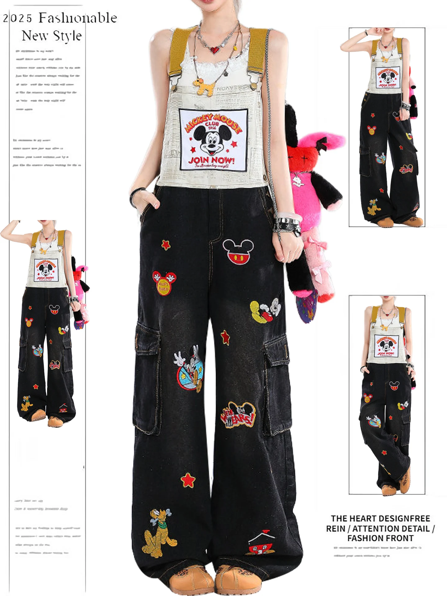 Cartoon Mickey Embroidered Denim Overalls Women's Spring Autumn Loose Fitting Strap Jumpsuit Age Reducing High Waist Wide Leg
Cartoon Mickey Embroidered Denim Overalls Women's Spring Autumn Loose Fitting Strap Jumpsuit Age Reducing High Waist Wide Leg