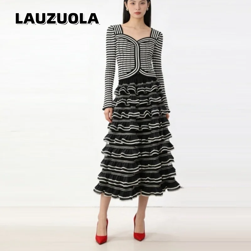 Women's Black and White Striped Knit Two Piece Set Long Sleeve Knitted Neck Top & Tiered Ruffle Maxi Skirt Elegant Party Outfit
Women's Black and White Striped Knit Two Piece Set Long Sleeve Knitted Neck Top & Tiered Ruffle Maxi Skirt Elegant Party Outfit
