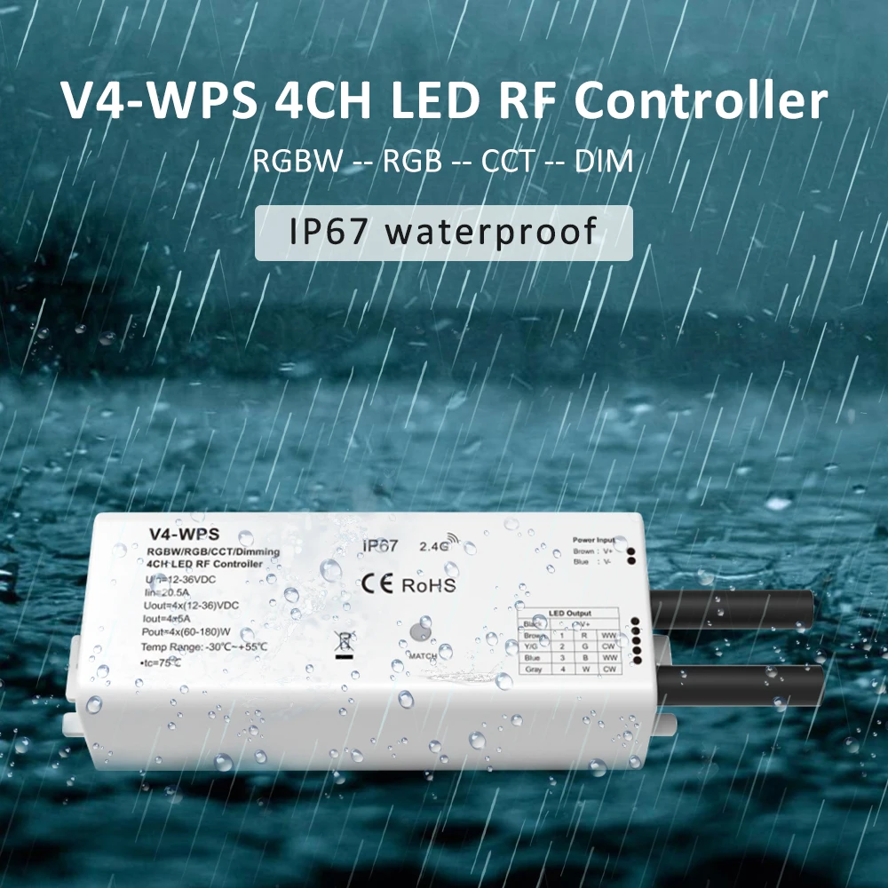 IP67 Waterproof LED Controller 12V 24V 4CH 5A RF 2.4G Wireless RT4 RT9 Remote V4-WPS for RGBW RGB CCT Single Color Strip Light
IP67 Waterproof LED Controller 12V 24V 4CH 5A RF 2.4G Wireless RT4 RT9 Remote V4-WPS for RGBW RGB CCT Single Color Strip Light
