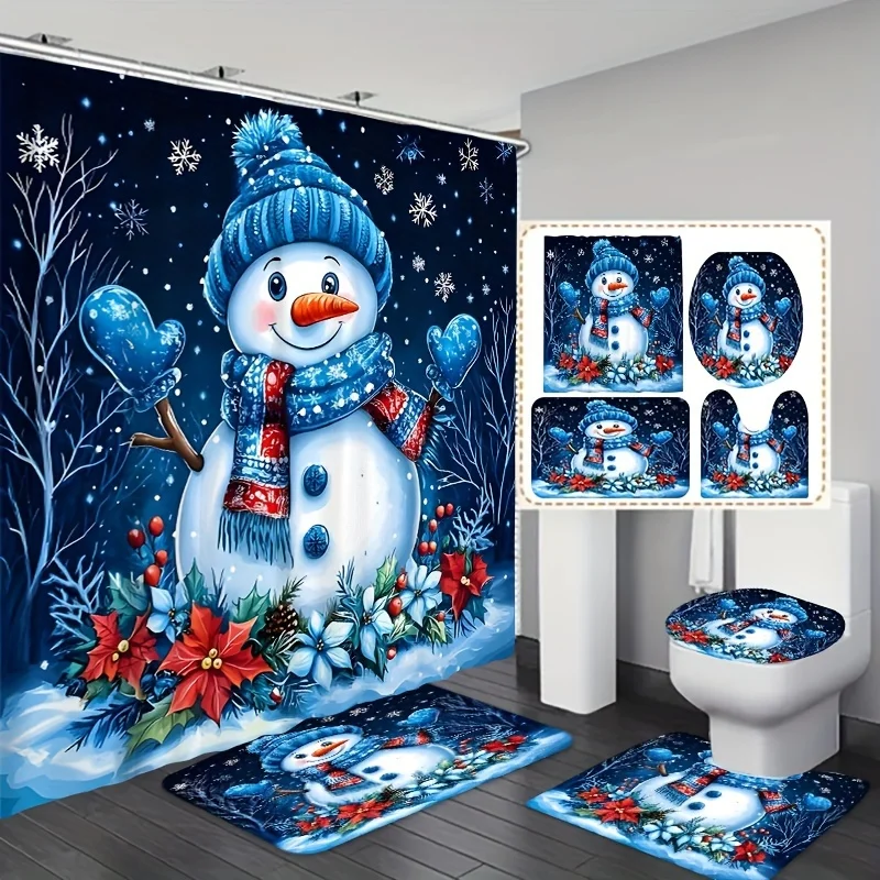 4 шт., набор для ванной с синим снеговиком на рождественскую тематику, набор подходящих ковриков, в комплект входят крючки, тканая ткань с космическим узором, милый дизайн снежинки
4 шт., набор для ванной с синим снеговиком на рождественскую тематику, набор подходящих ковриков, в комплект входят крючки, тканая ткань с космическим узором, милый дизайн снежинки