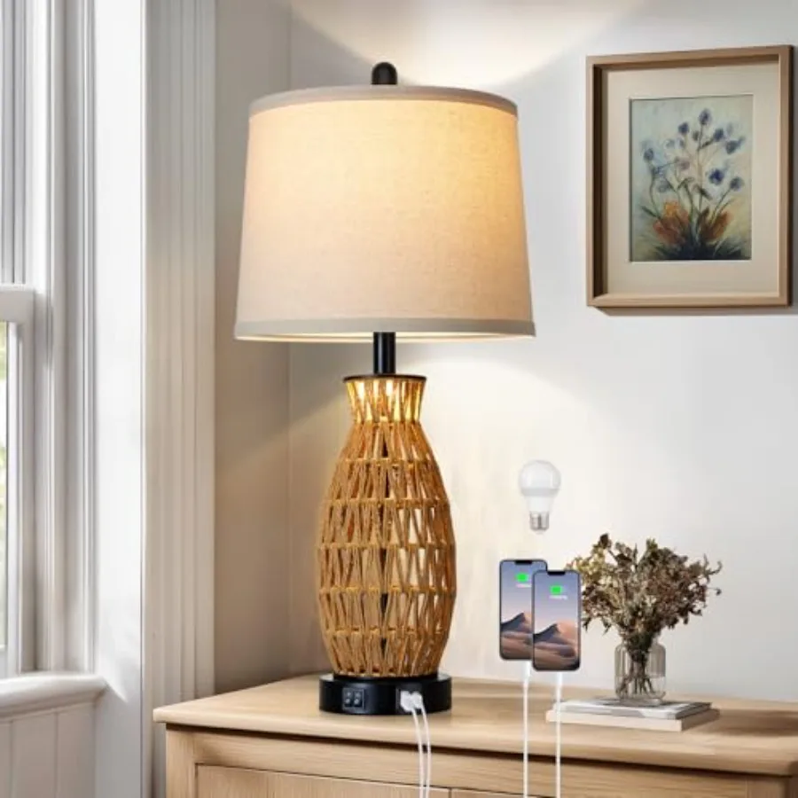 27" Boho Table Lamp Single with Night Light, Handwoven Wicker Bedside Lamp with USB A+C Charging Port, Woven Coastal Bedroom La
27" Boho Table Lamp Single with Night Light, Handwoven Wicker Bedside Lamp with USB A+C Charging Port, Woven Coastal Bedroom La