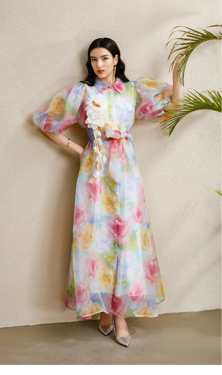 Office Lady Summer Clothes Women's Dress Early Autumn Three-Dimensional Floral Resort Lapel Bubble Sleeve Long Print Dress 
Office Lady Summer Clothes Women's Dress Early Autumn Three-Dimensional Floral Resort Lapel Bubble Sleeve Long Print Dress