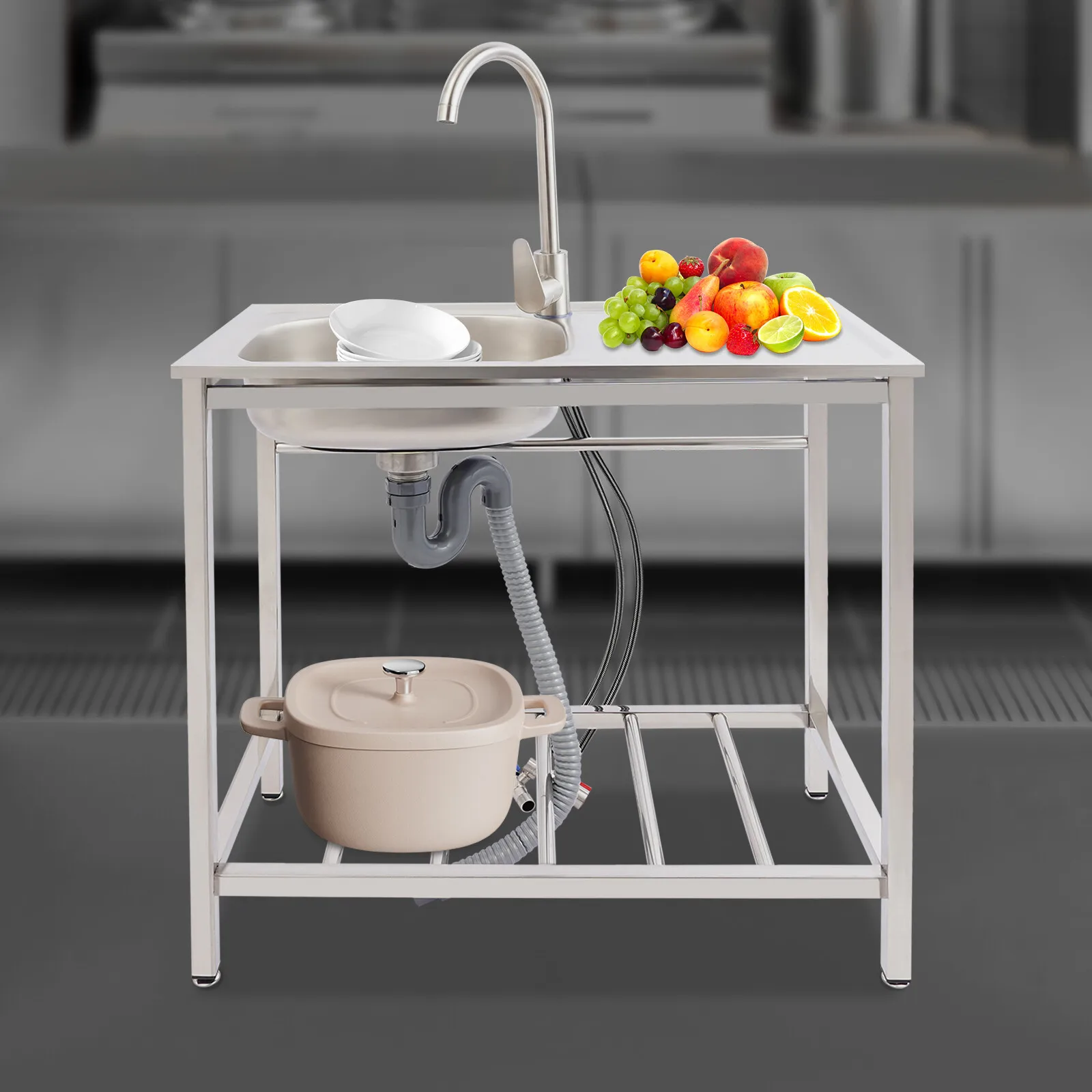 Freestanding Outdoor Kitchen Multi-Functional Sink Set, Stainless Steel Single Bowl, for Commercial Use in Restaurants and Cafes
Freestanding Outdoor Kitchen Multi-Functional Sink Set, Stainless Steel Single Bowl, for Commercial Use in Restaurants and Cafes