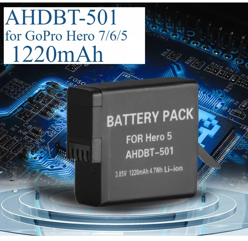 1220mAh AHDBT-501 Replacement Battery for GoPro Hero 7/6/5 Black Li-ion Power Pack with Fast Charging Action Camera Battery
1220mAh AHDBT-501 Replacement Battery for GoPro Hero 7/6/5 Black Li-ion Power Pack with Fast Charging Action Camera Battery