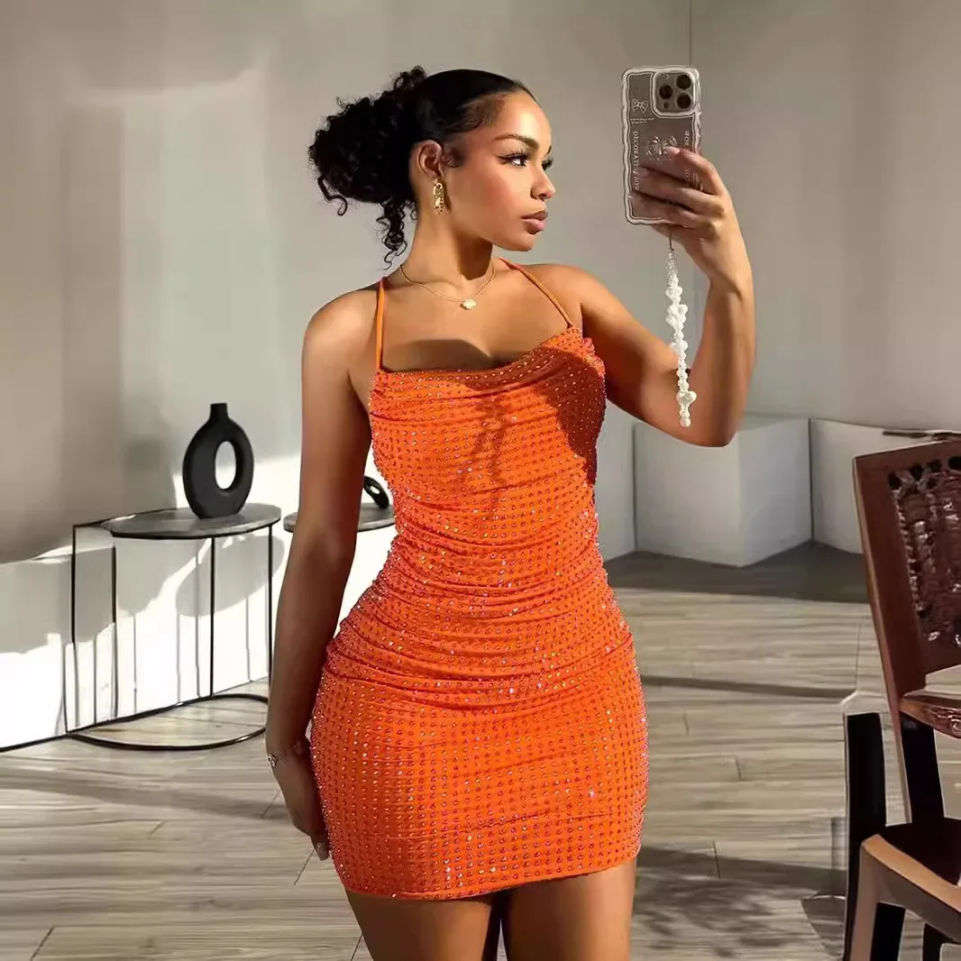 Spring/Summer New Women's Solid Color Hot Diamond Hanging Neck Strap Low Waist Dress
Spring/Summer New Women's Solid Color Hot Diamond Hanging Neck Strap Low Waist Dress
