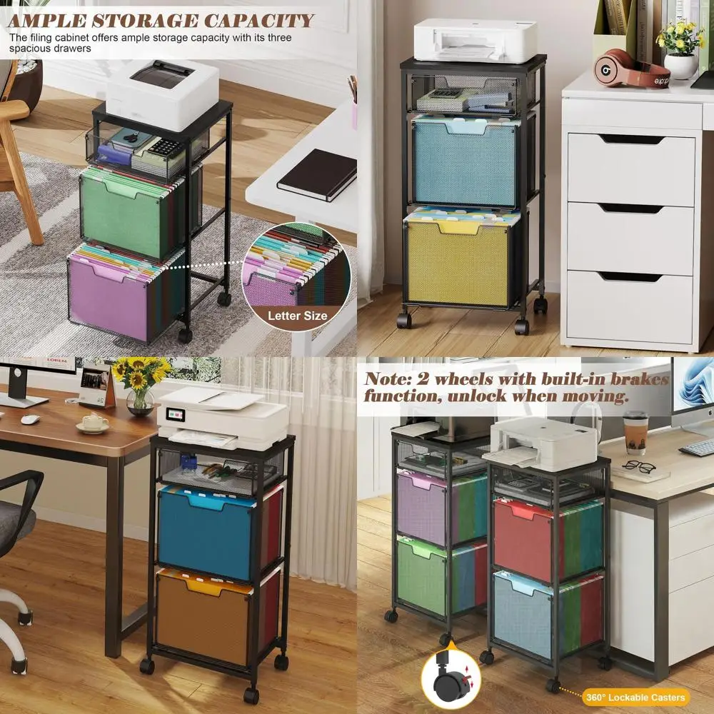 Home Office Rolling Filing Cabinet with 3 Drawers, Lockable Wheels, Hanging Folders Organizer, Storage Cart, Printer Stand, Blac
Home Office Rolling Filing Cabinet with 3 Drawers, Lockable Wheels, Hanging Folders Organizer, Storage Cart, Printer Stand, Blac