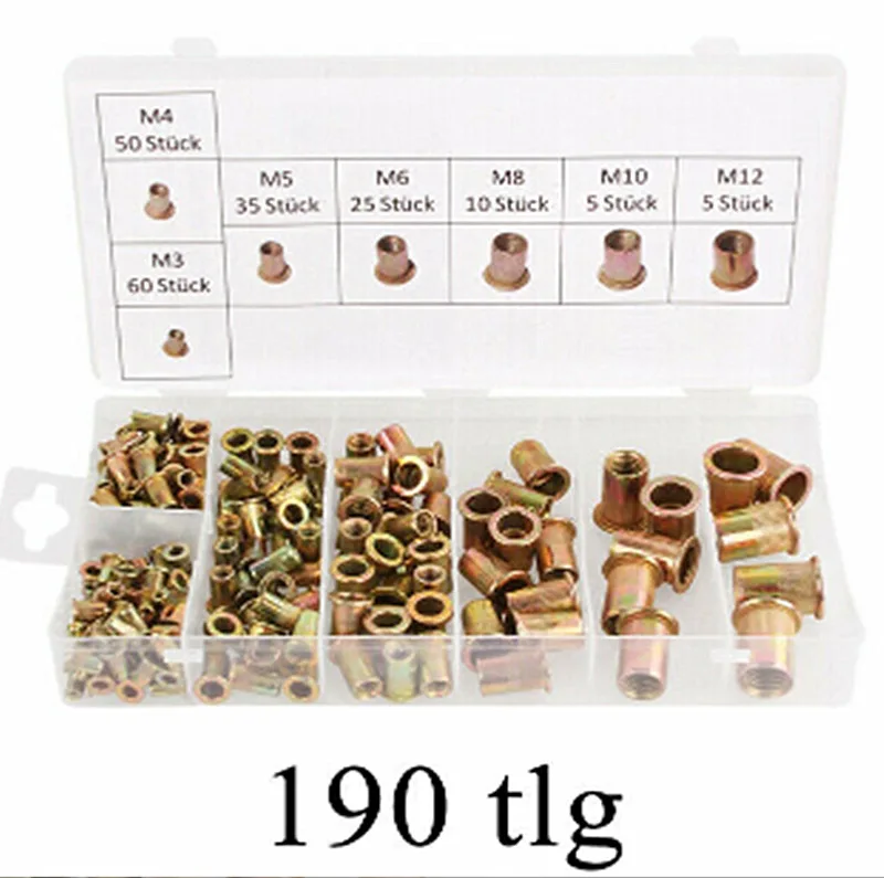 190pcs M3-M10 carbon steel galvanized rivet nut with flat head and vertical grain
190pcs M3-M10 carbon steel galvanized rivet nut with flat head and vertical grain