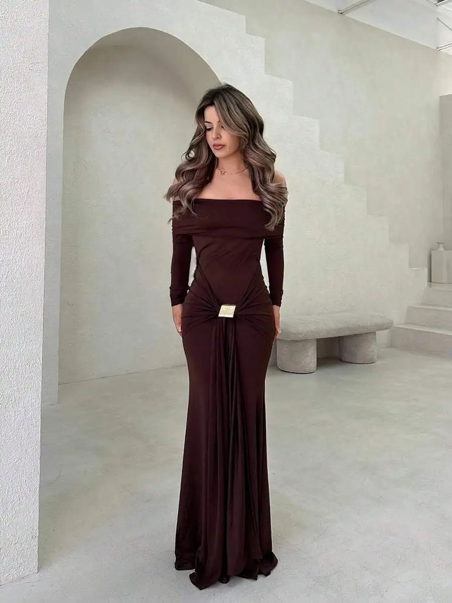 Off Shoulder Long Sleeve Maxi Dress with Ruched Waist and Gold Accent
Off Shoulder Long Sleeve Maxi Dress with Ruched Waist and Gold Accent