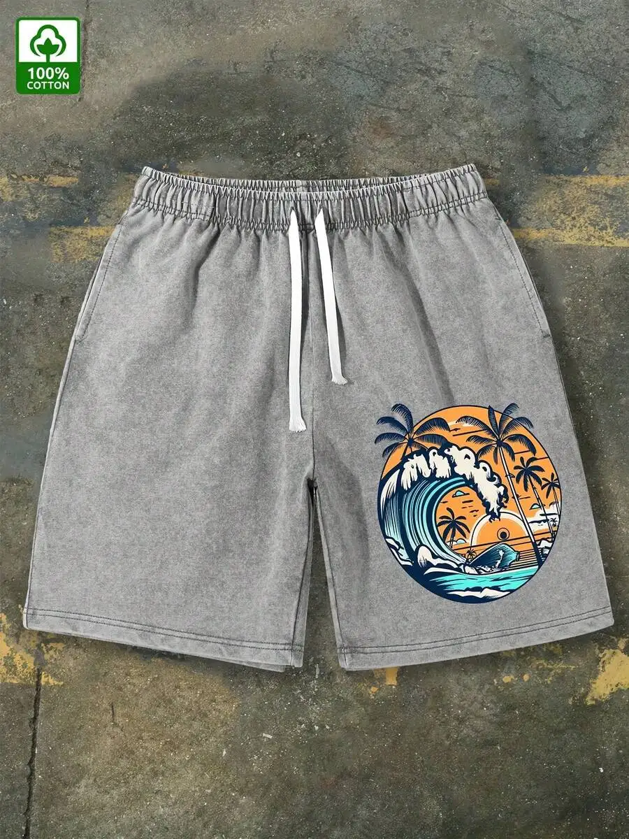 Mens Washed Cotton Loose Fit Drawstring Shorts With Ocean Wave Print Summer Casual Beachwear
Mens Washed Cotton Loose Fit Drawstring Shorts With Ocean Wave Print Summer Casual Beachwear