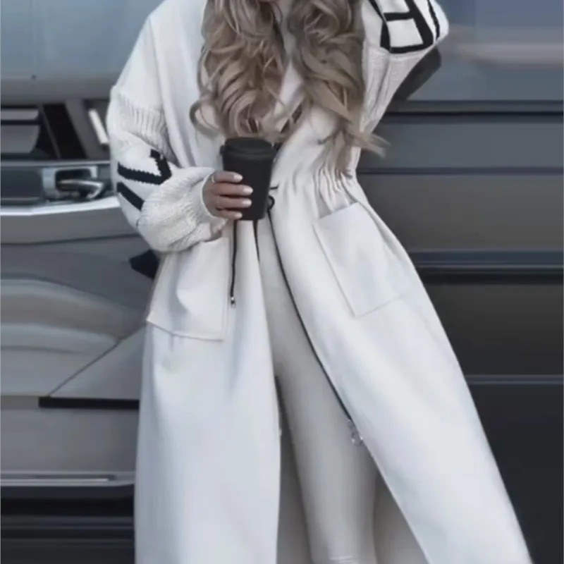 Длинная вязаная лоскутная куртка с капюшоном на осень-зиму, модная женская повседневная куртка с карманом на молнии Manteaux Hiver Femme 
Длинная вязаная лоскутная куртка с капюшоном на осень-зиму, модная женская повседневная куртка с карманом на молнии Manteaux Hiver Femme