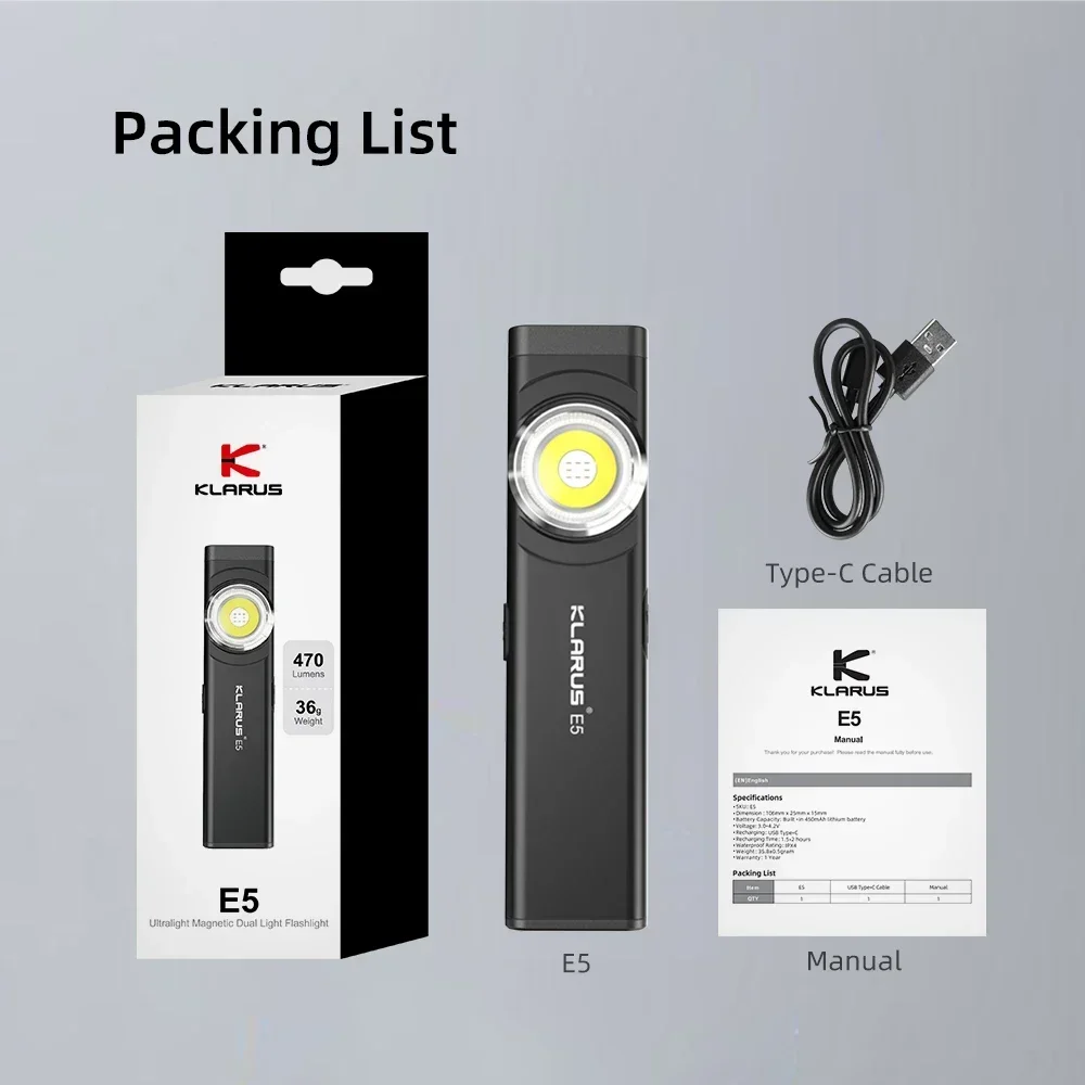 Klarus E5 EDC Rechargeable LED Flashlight USB Charging Lantern with Built-in Li-ion Battery 470LM IPX4 Water-resistant Torch
Klarus E5 EDC Rechargeable LED Flashlight USB Charging Lantern with Built-in Li-ion Battery 470LM IPX4 Water-resistant Torch