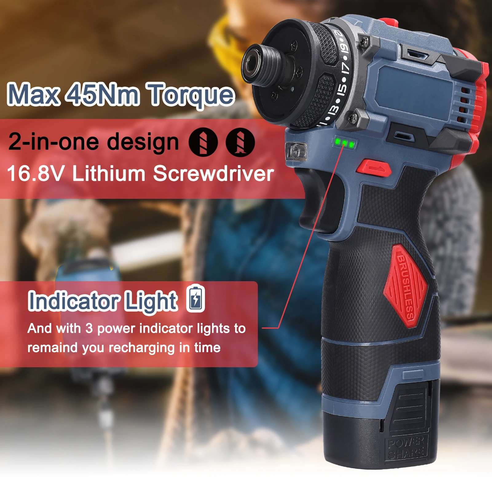 16.8V Multi-function Electric Screwdriver 45Nm Torque Brushless Motor Practical Screw Driver
16.8V Multi-function Electric Screwdriver 45Nm Torque Brushless Motor Practical Screw Driver
