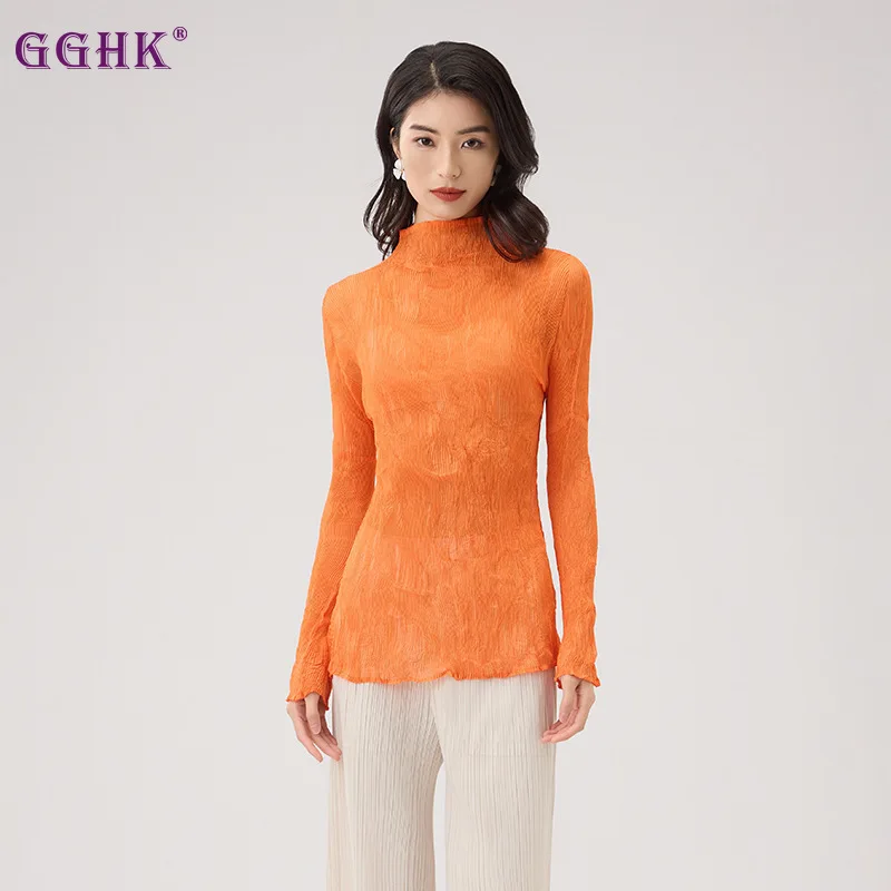 GGHK Pleated Women Thin T-shirt Solid Color High Neck Long Sleeve Loose Stretch Design Slim Sexy Tops 2025 Spring Autumn New
GGHK Pleated Women Thin T-shirt Solid Color High Neck Long Sleeve Loose Stretch Design Slim Sexy Tops 2025 Spring Autumn New