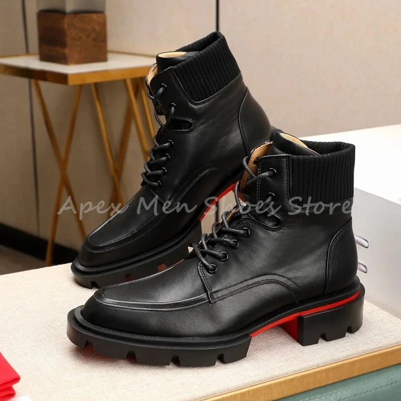 Black Genuine Leather Thick Sole Combat Boots Knit Cuff Lace Up Chunky Heel Ankle Boots Trendy Anti-Slip Winter Boots for Men
Black Genuine Leather Thick Sole Combat Boots Knit Cuff Lace Up Chunky Heel Ankle Boots Trendy Anti-Slip Winter Boots for Men