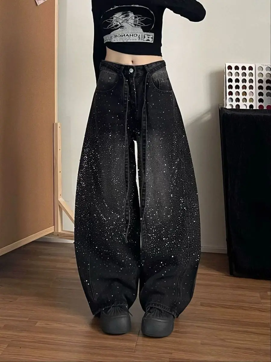 Retro American Black Heavy Duty Glitter Denim Jeans Women's Loose Wide Leg Spring Floor Length Knife Edge Pants
Retro American Black Heavy Duty Glitter Denim Jeans Women's Loose Wide Leg Spring Floor Length Knife Edge Pants