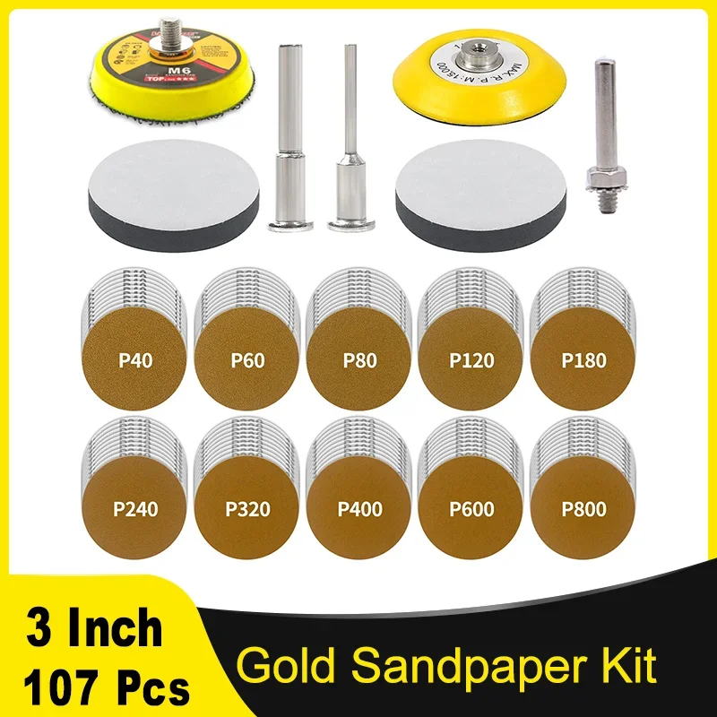 107 Pcs Gold Premium Sandpaper Kit 3 Inch Attachment Polishing Kit with Backing Pad 40-800 Grit for Automotive Woodworking
107 Pcs Gold Premium Sandpaper Kit 3 Inch Attachment Polishing Kit with Backing Pad 40-800 Grit for Automotive Woodworking