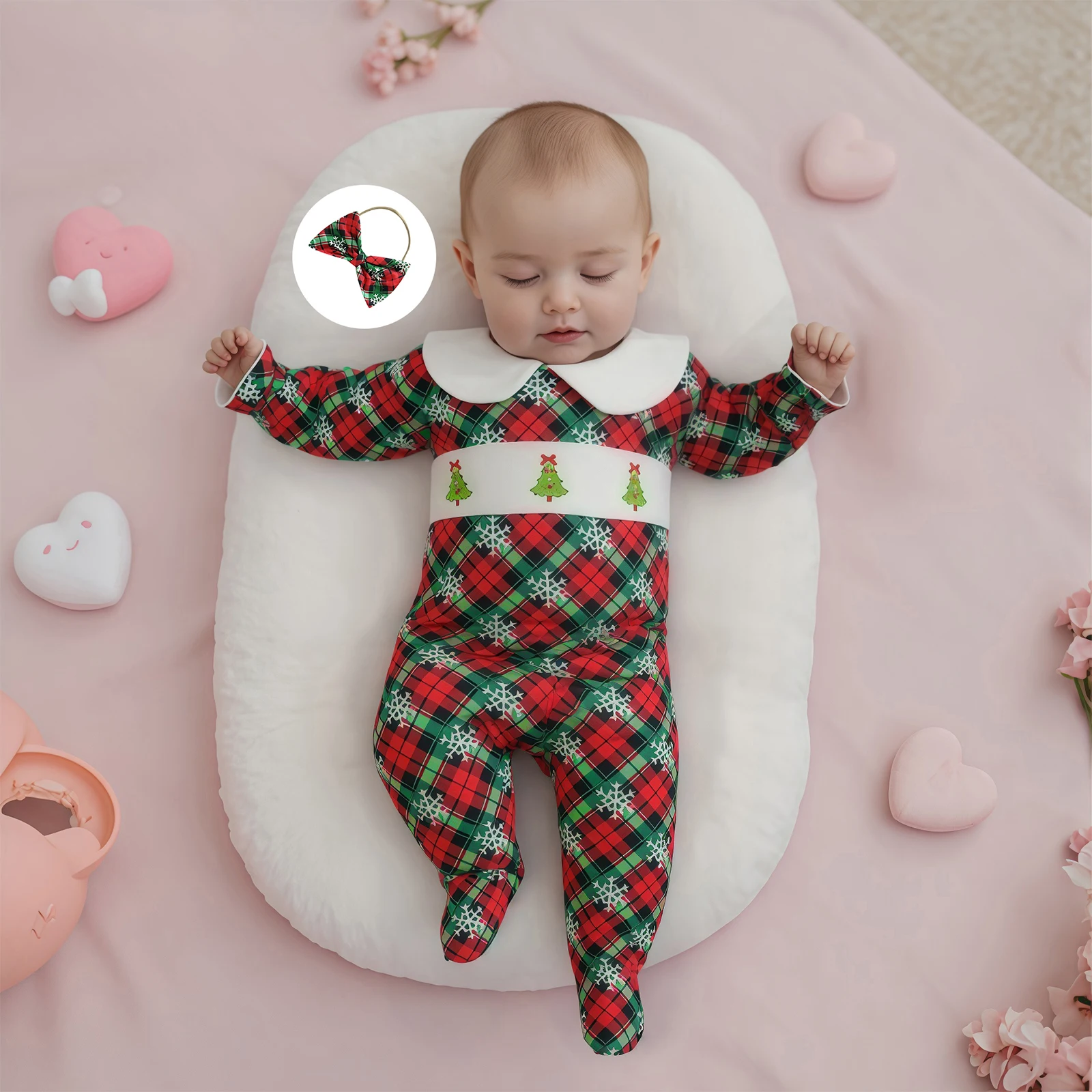 Baby Girls Christmas Footed Jumpsuit Plaid Snowflake Print Long Sleeve Doll Collar Full Length Romper with Bow Headband
Baby Girls Christmas Footed Jumpsuit Plaid Snowflake Print Long Sleeve Doll Collar Full Length Romper with Bow Headband