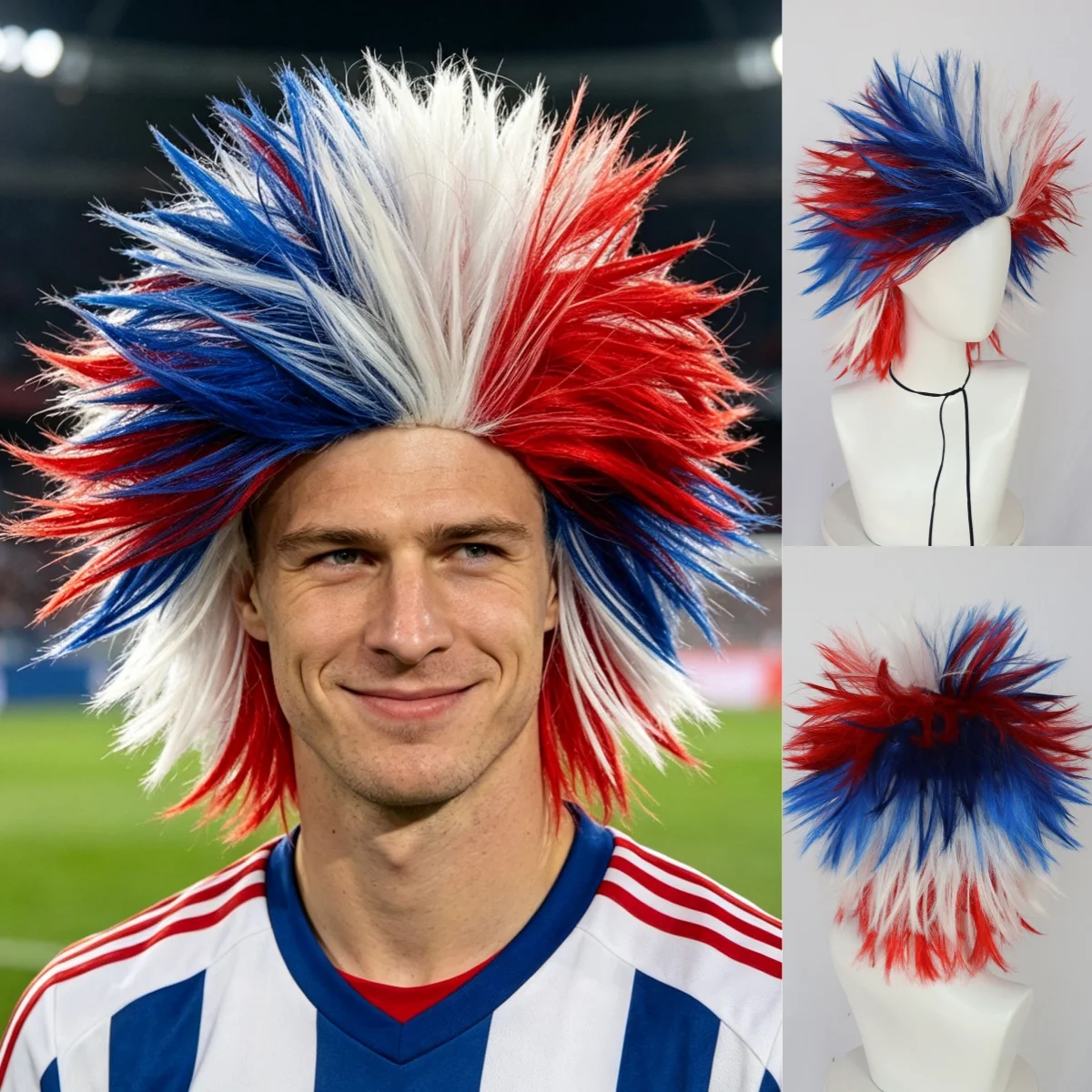 American Flag Color Scheme Red, White, and Blue Synthetic Short Mohawk Style Adult Wig, Fan Wig, Patriotic Party Wig, Spiked Wig for Sports Events, Halloween Cosplay
American Flag Color Scheme Red, White, and Blue Synthetic Short Mohawk Style Adult Wig, Fan Wig, Patriotic Party Wig, Spiked Wig for Sports Events, Halloween Cosplay