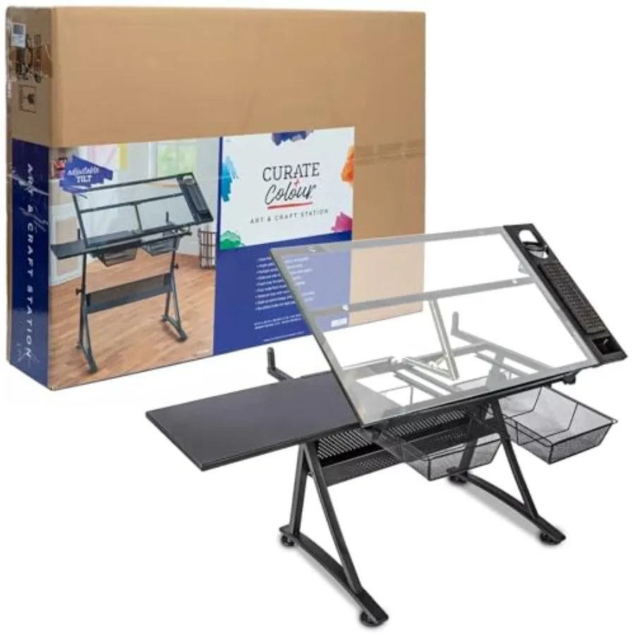 Glass Top Art Craft Station - Sturdy Adjustable Drawing Table with 2 Drawers Foam Pencil Ledge Metal Baskets - Easy to Assemble
Glass Top Art Craft Station - Sturdy Adjustable Drawing Table with 2 Drawers Foam Pencil Ledge Metal Baskets - Easy to Assemble