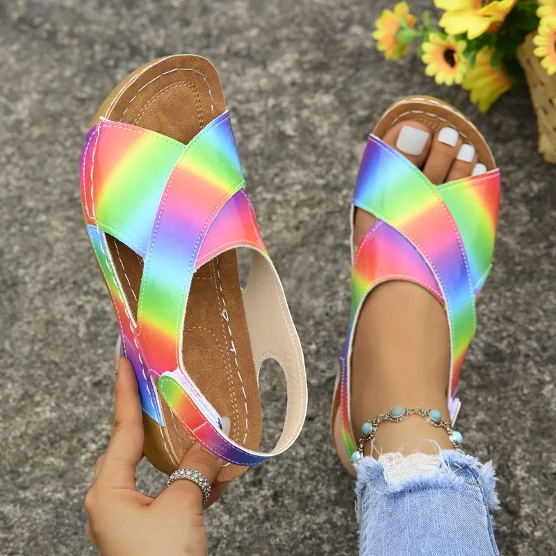 Women's Rainbow Peep Toe Platform Wedge Sandals Hook & Loop Strap Comfortable Casual Beach Shoes European Style 2026 New Arrival
Women's Rainbow Peep Toe Platform Wedge Sandals Hook & Loop Strap Comfortable Casual Beach Shoes European Style 2026 New Arrival