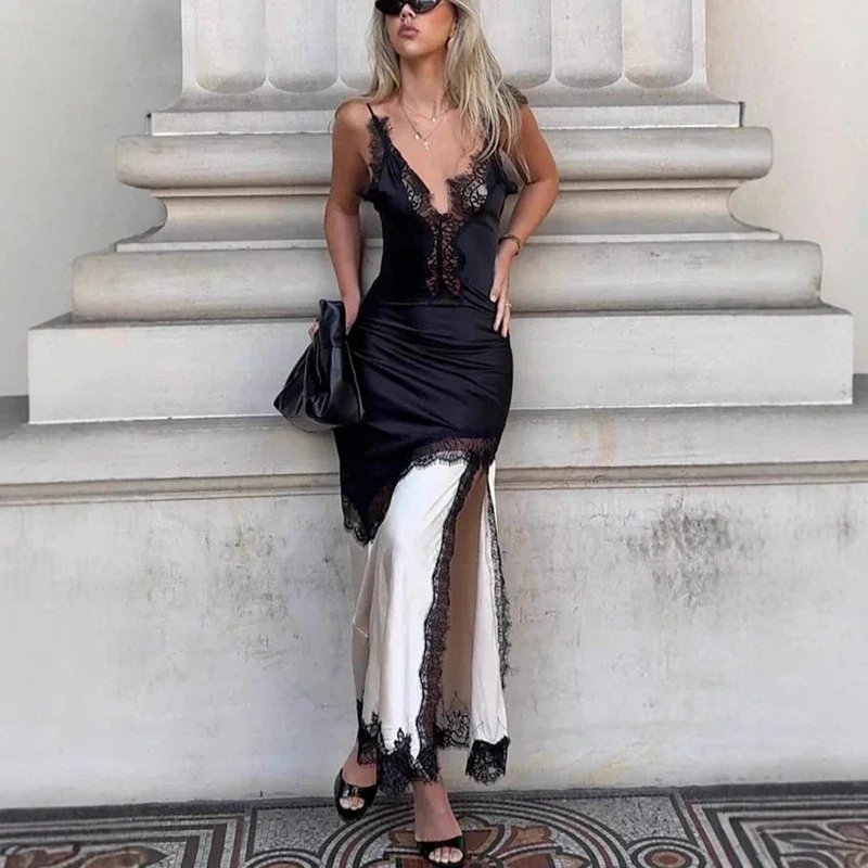Lace Sling Split Long Dress Women Sexy Seep V Neck High Waist Dress Fashion Slim Irregular Splice Spaghetti Strap Dress
Lace Sling Split Long Dress Women Sexy Seep V Neck High Waist Dress Fashion Slim Irregular Splice Spaghetti Strap Dress