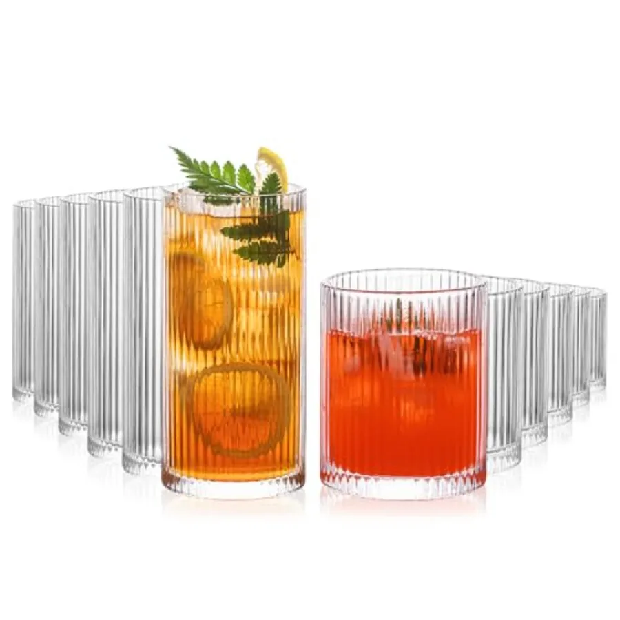 12-Piece Ribbed Glassware - 6 Highball Glasses 12 oz 6 Rocks Glass Cups 14 oz Vintage Cocktail Drinking Glasses Ideal for Wine
12-Piece Ribbed Glassware - 6 Highball Glasses 12 oz 6 Rocks Glass Cups 14 oz Vintage Cocktail Drinking Glasses Ideal for Wine
