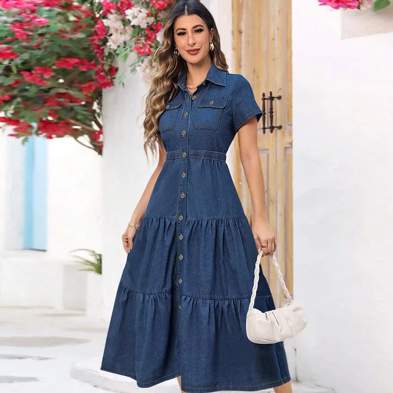218580 Women's New Denim Collar Short Sleeved Waist Cinched Cardigan Long Dress 2025 Summer Dress Robe Vestido Women Elegant
218580 Women's New Denim Collar Short Sleeved Waist Cinched Cardigan Long Dress 2025 Summer Dress Robe Vestido Women Elegant