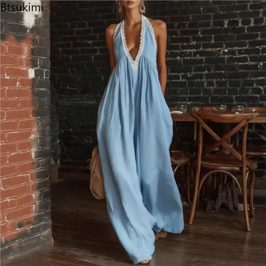 New Summer Casual Sleeveless Holiday Jumpsuits for Women Fashion High Street Wide Leg Playsuits Solid Lace V-neck Loose Rompers
New Summer Casual Sleeveless Holiday Jumpsuits for Women Fashion High Street Wide Leg Playsuits Solid Lace V-neck Loose Rompers