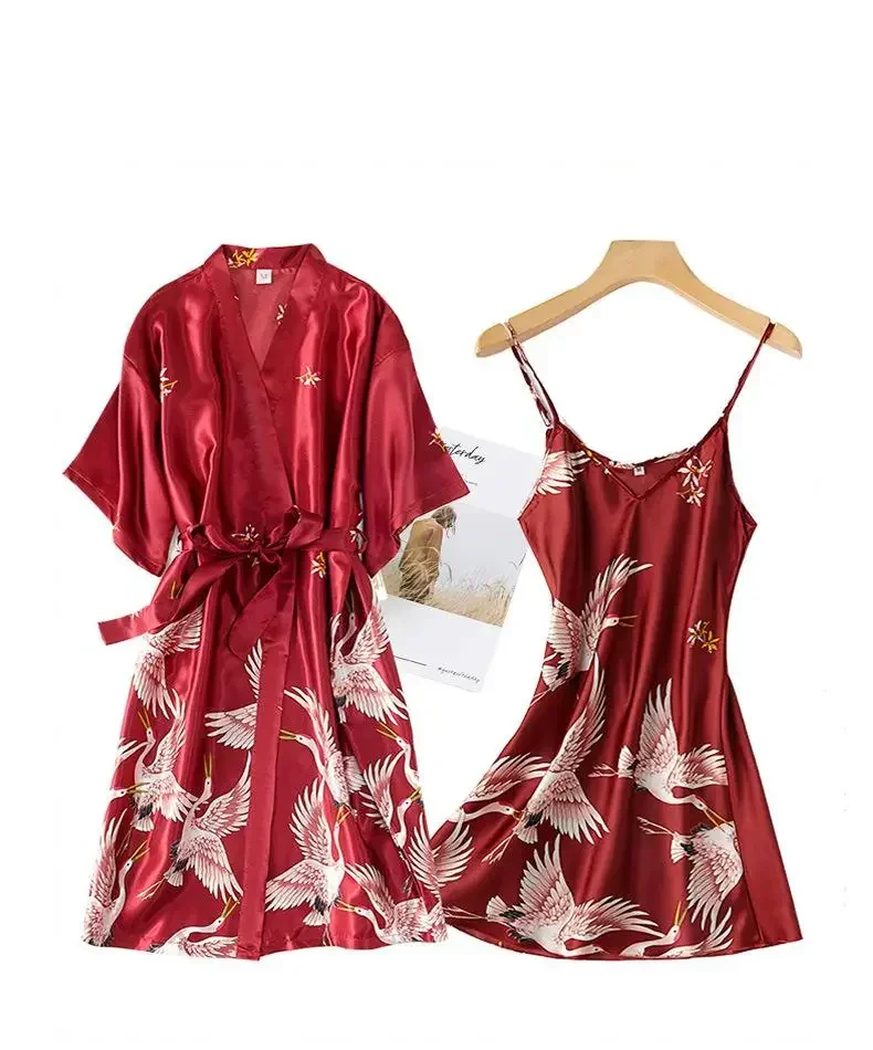 Burgundy Women Faux Silk Kimono Robe Gown Sets Sexy Print Crane Nightdress &Bathrobe Lingerie Nightgown Summer Sleepwear
Burgundy Women Faux Silk Kimono Robe Gown Sets Sexy Print Crane Nightdress &Bathrobe Lingerie Nightgown Summer Sleepwear