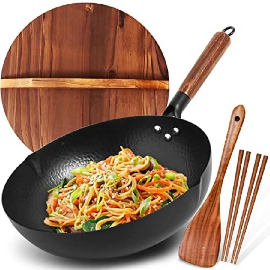 Carbon Steel Wok Pan, 5 Piece Authentic Chinese Wok and Stir-Fry Pans Set with Wooden Lid, No Chemical Coated Flat Bottom Chine
Carbon Steel Wok Pan, 5 Piece Authentic Chinese Wok and Stir-Fry Pans Set with Wooden Lid, No Chemical Coated Flat Bottom Chine