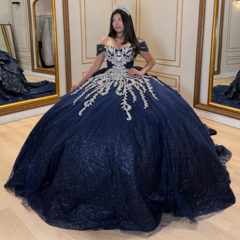 Mexican Navy Blue Quinceanera Dress Ball Gown Off The Shoulder Applique Lace Beading Crystal Bow Tull Sweet 16 Dress Vestidos De
Mexican Navy Blue Quinceanera Dress Ball Gown Off The Shoulder Applique Lace Beading Crystal Bow Tull Sweet 16 Dress Vestidos De