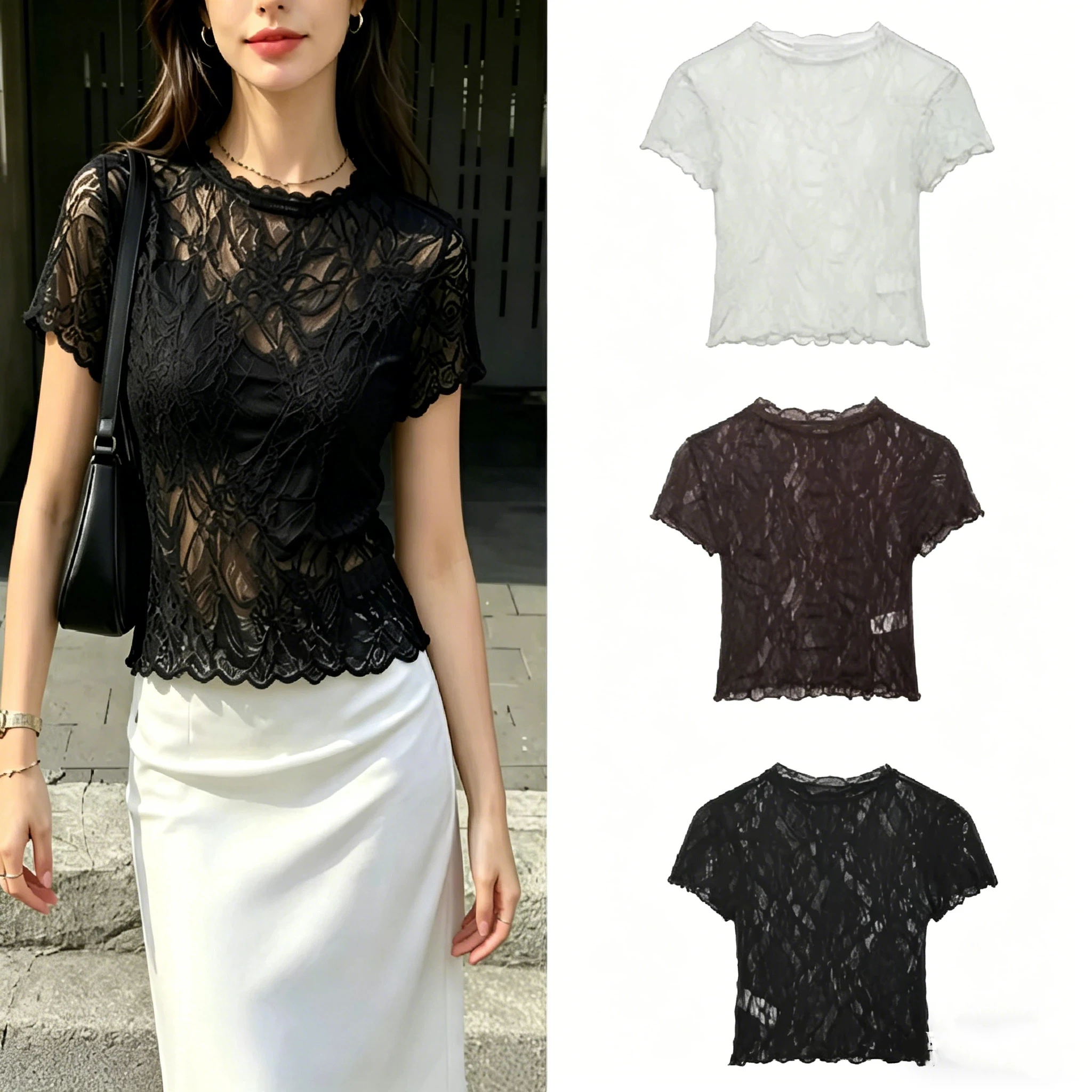 New Style 2026 Summer Womens Lace Top High Waist Round Neck Short Sleeve Street Wear Blouse Solid Versatile Casual Chic
New Style 2026 Summer Womens Lace Top High Waist Round Neck Short Sleeve Street Wear Blouse Solid Versatile Casual Chic