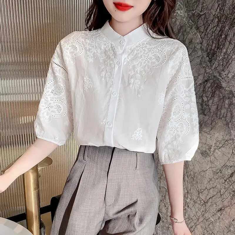 White Mid sleeve T-shirt Lace Blouse Women's Top Seven-sleeved Base Shirt Summer New Model Crochet Hollow Out
White Mid sleeve T-shirt Lace Blouse Women's Top Seven-sleeved Base Shirt Summer New Model Crochet Hollow Out