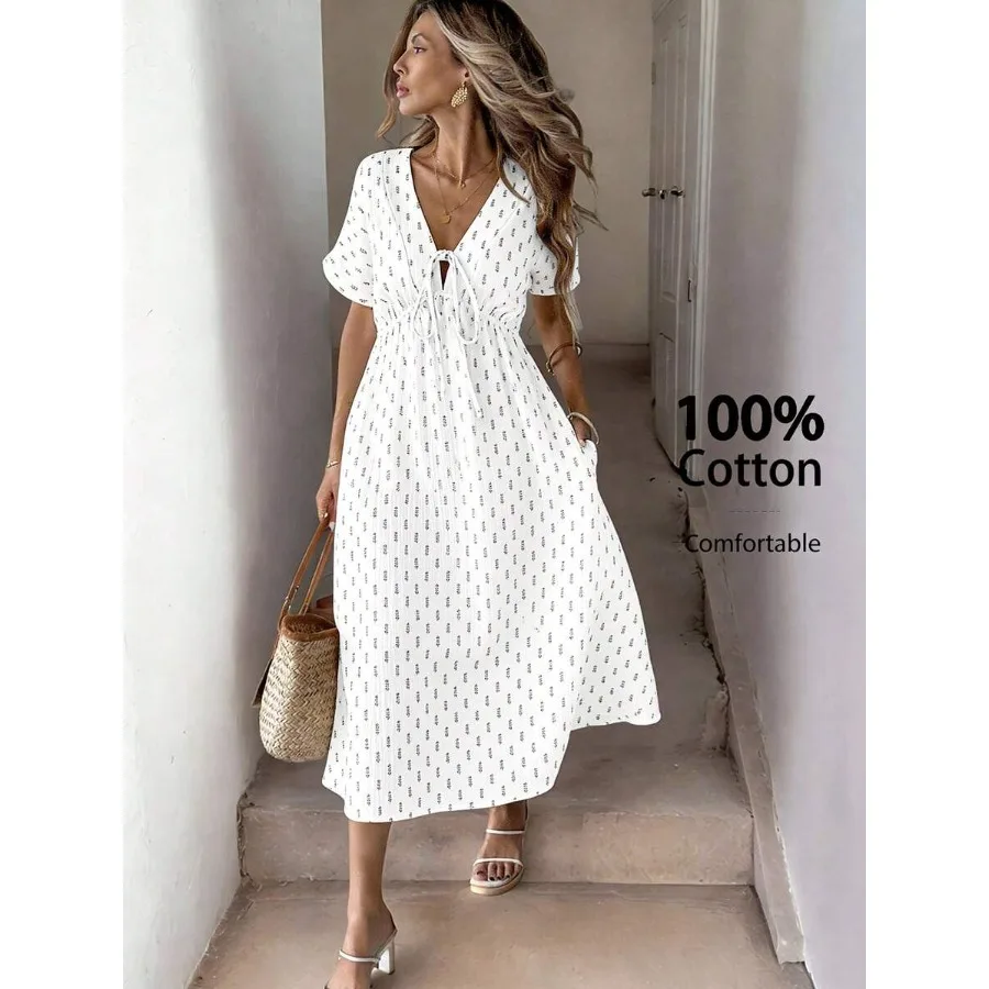 【New style】100% Cotton White Floral Print V-Neck Midi A-Line Dress For Women, Suitable For Casual Vacation, French Vacation, Bo
【New style】100% Cotton White Floral Print V-Neck Midi A-Line Dress For Women, Suitable For Casual Vacation, French Vacation, Bo