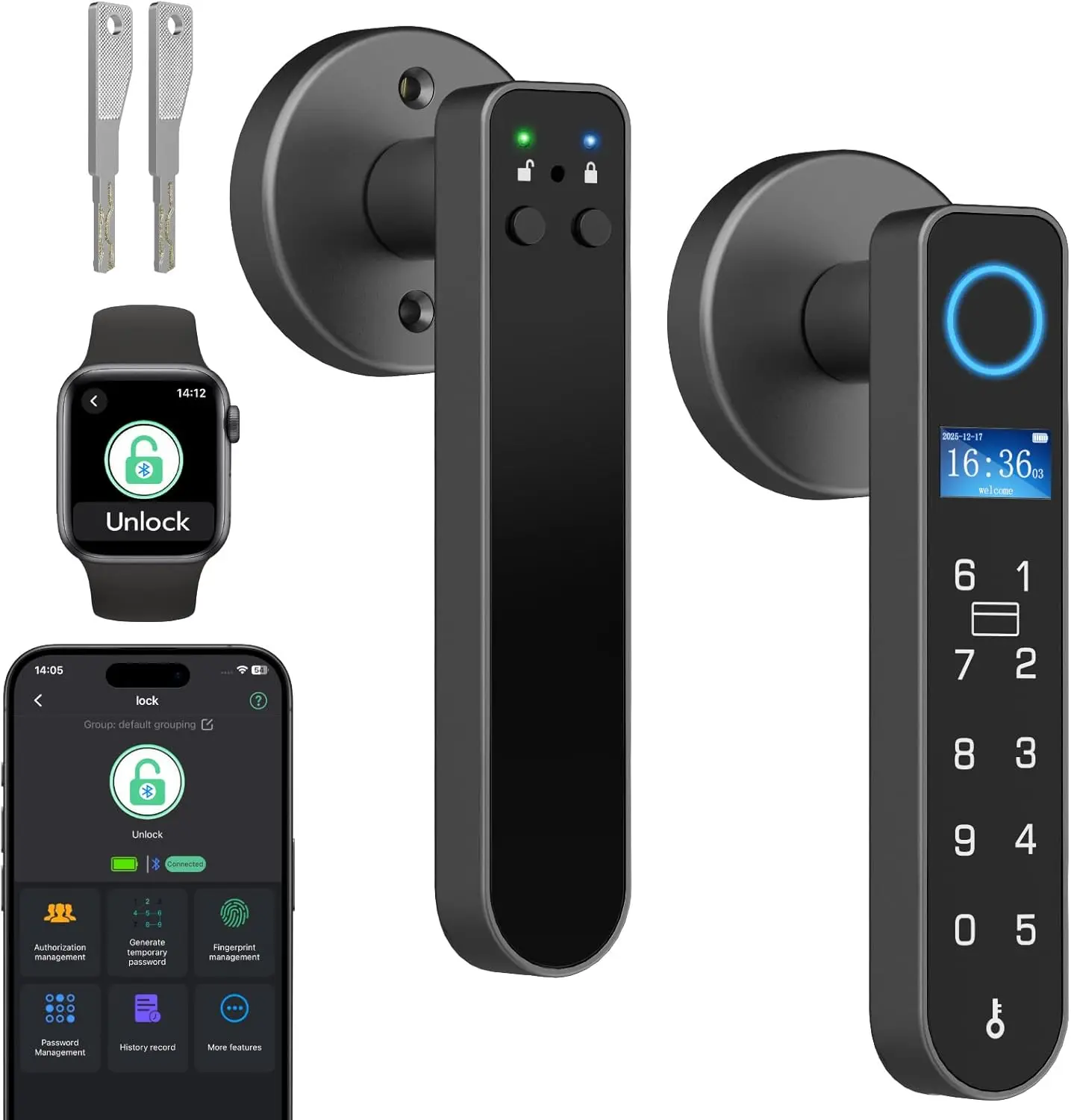 Keyless Entry Door Lock with Fingerprint, Code, RFID, NFC, APP, Keypad, Smart Biometric Interior Handle for Bedroom, Pantry, Office, Home, Black
Keyless Entry Door Lock with Fingerprint, Code, RFID, NFC, APP, Keypad, Smart Biometric Interior Handle for Bedroom, Pantry, Office, Home, Black