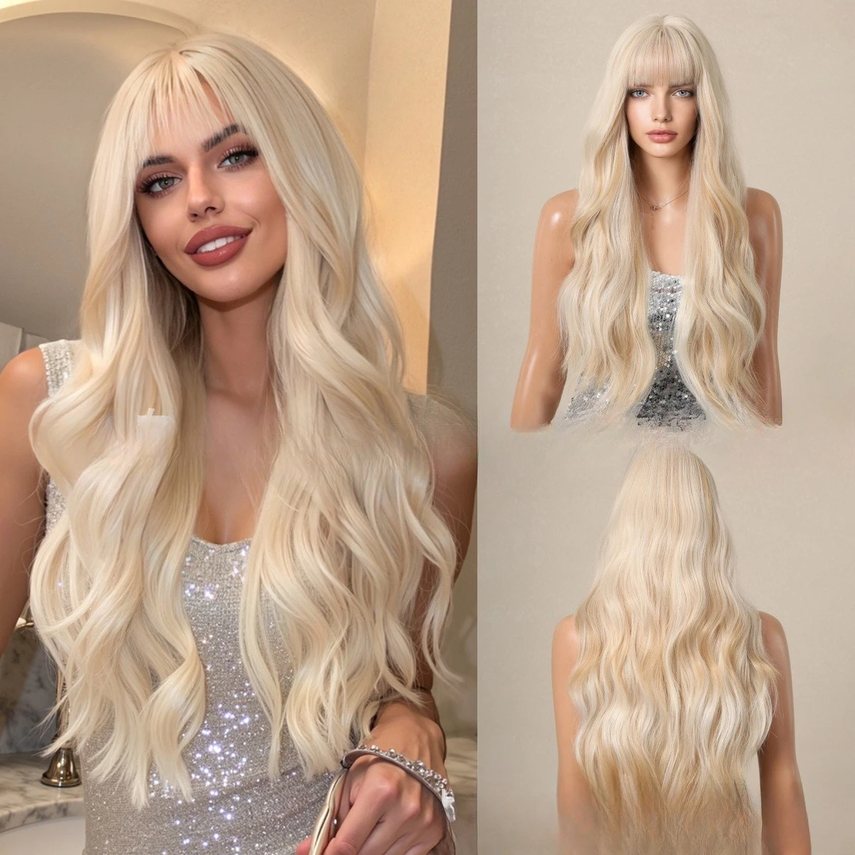 Hot-selling wig platinum highlights Qi bangs long curly hair full head cover chemical fiber women's hair European and American b
Hot-selling wig platinum highlights Qi bangs long curly hair full head cover chemical fiber women's hair European and American b