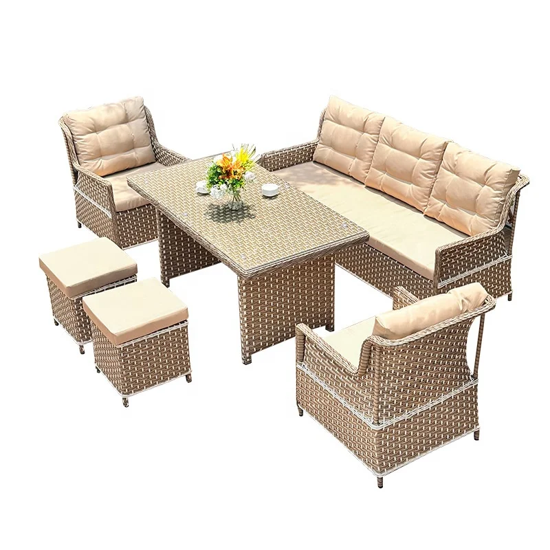 #Outdoor Wicker Rattan Dining Sofa Set Beige Cushions with Rectangular Table Ottomans Weather Resistant Patio Furniture
#Outdoor Wicker Rattan Dining Sofa Set Beige Cushions with Rectangular Table Ottomans Weather Resistant Patio Furniture