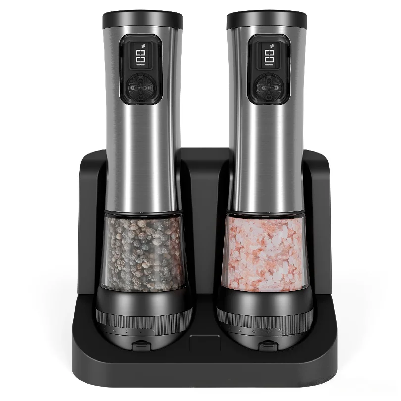 Electric Automatic Pepper & Salt Grinder Set with Rechargeable Base, LED Power Indicator, Adjustable Coarseness for Home Kitchen
Electric Automatic Pepper & Salt Grinder Set with Rechargeable Base, LED Power Indicator, Adjustable Coarseness for Home Kitchen